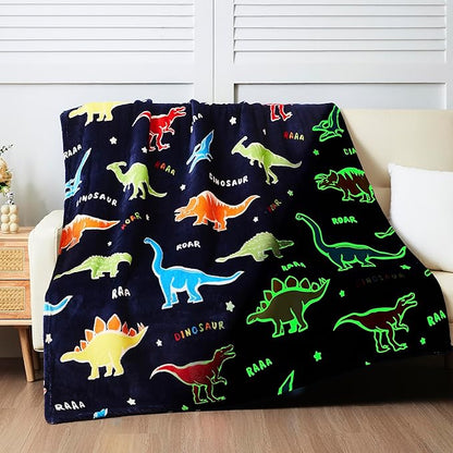QSTEHEML Dinosaur Glow in The Dark Blanket,Dinosaur Gifts Toys for Boys Age 3 4 5 6 7 8 9 10 11 12 Year Old, Soft Throw Blanket for Kids Boys- Christmas Birthday Bedroom Decor 50"×60"