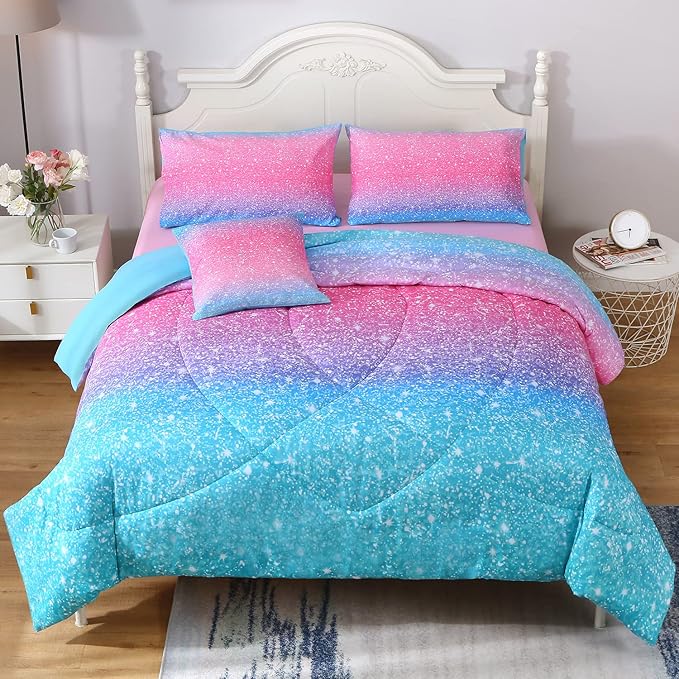 6Pcs Glitter Comforter Set with Sheets for Teens Girls Kids, Colorful Gradient Glitter Themed Bed in a Bag Full Size, Pink Teal 3D Sparkly Galaxy Bedroom Decor Bedding Set