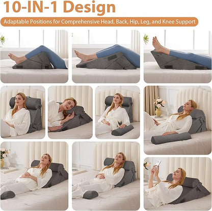 Orthopedic Bed Wedge Pillow Set 4Pcs, Adjustable Memory Foam, Pillow Wedge for Post Surgery, Back Pain Relief, Triangle Pillows for Acid Reflux, Snoring, GERD, Dark Grey