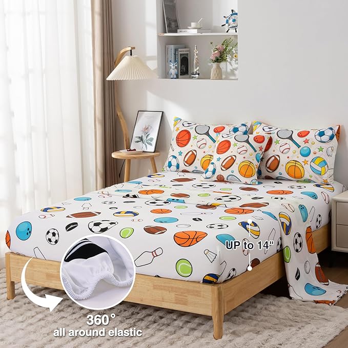 A Nice Night 6Pcs Twin Comforter Set for Boys, Sports Bedding Set with Baseball, Tennis Racket, Basketball & Football Design, Athletic Themed Kids Room Decorr(Yellow)