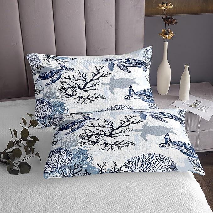 Sea Turtle Bedspread King Kids Hawaiian Ocean Marine Reptile Bedding Set For Women Men Bedroom Turtle Tortoise Decor Coverlet Set Beach Sea Underwater Creature Quilt Set For All Season, White Blue