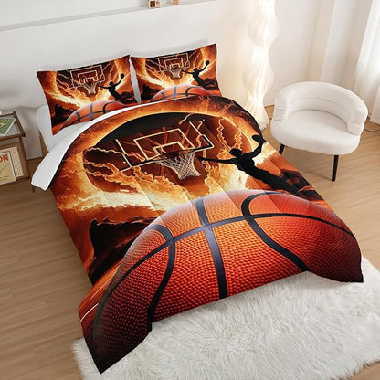 Basketball Bedding Set Twin Size,Slam Dunk Flame Basketball Print Bedding Comforter Set for Boys Girls Bedroom Decor,Sports Themed Sets Comforter with 2 Pillowcases.