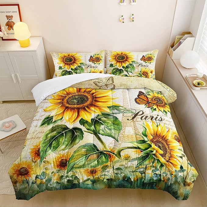 Yellow Sunflowers Comforter 3Pcs Full Butterfly Rustic Floral Pattern Bedding Set for Kid Teen Girl Boy Adult Room Decor Paris Eiffel Tower Postmark Quilt with 1 Comforter and 2 Pillowcases