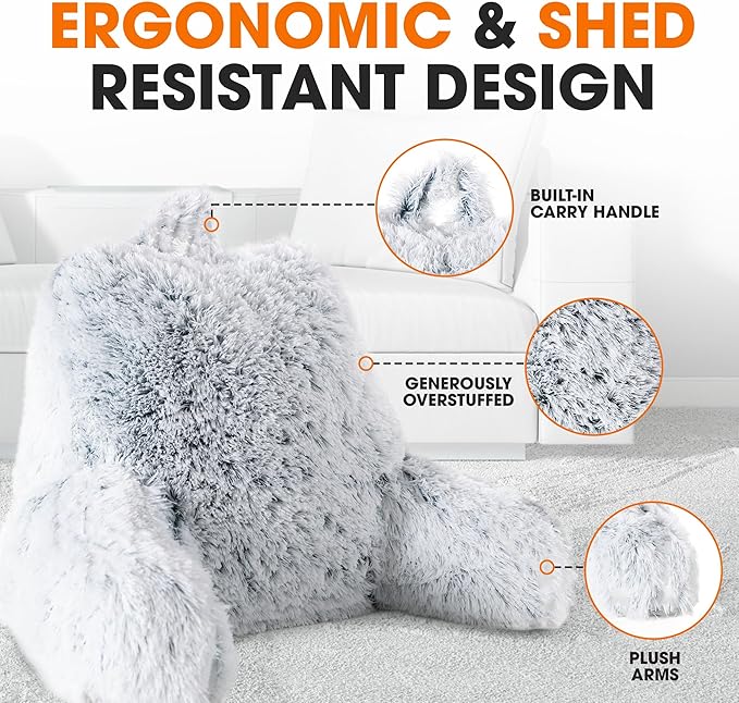 Cheer Collection Fluffy Reading Pillow Chair - Shaggy Hair Chair Pillow with Arms for Bed & Couch, Blue Ombre