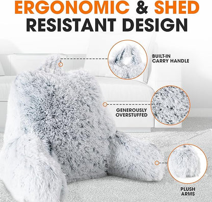 Cheer Collection Fluffy Reading Pillow Chair - Shaggy Hair Chair Pillow with Arms for Bed & Couch, Blue Ombre