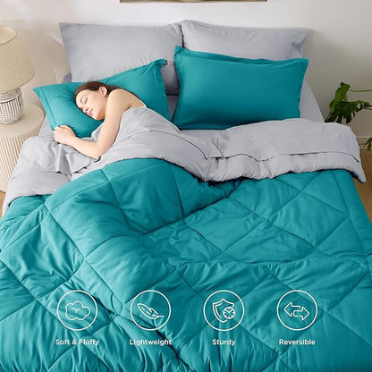 Bedsure King Size Comforter Set - 7 Pieces Reversible Teal Bedding, King Size Bed Set for All Seasons, Bed in a Bag with Down Alternative Comforter, Sheets, Pillowcases & Shams