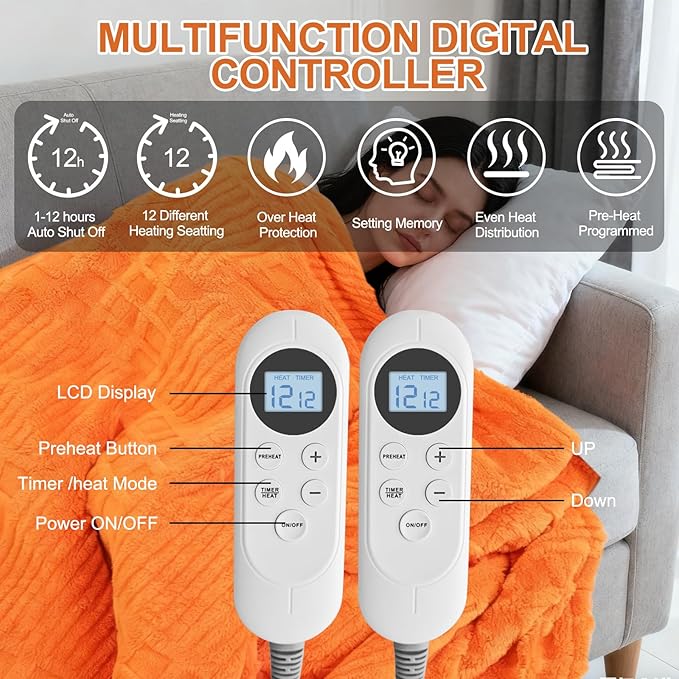 Heated Blanket King, Electric Heating Blanket Waffle with 12 Heat Levels, Fast Heating Blanket with 1-12 Timer, Overheat Protection with ETL & FCC for Bed Home Office Sofa -Orange -90"x100"