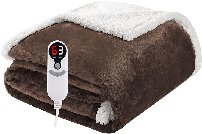 Electric Heated Blanket Throw Size 50"x60", Soft Flannel with Overheat Protection, 6 Adjustable Heat Settings & 3-Hour Auto-Off Timer, Fast Heating for Winter Comfort, Dark Brown