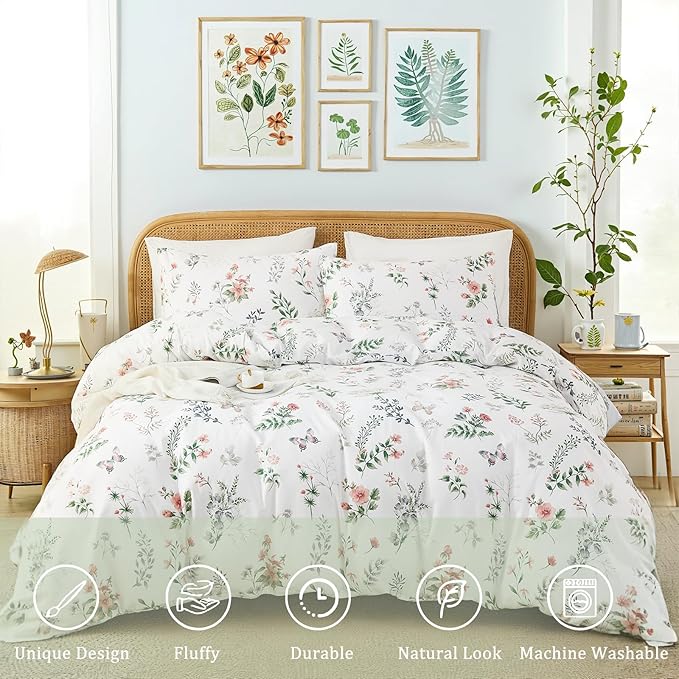 Floral King Duvet Cover, 100% Cotton 3 Pieces Floral Bedding Sets with Zipper Closure Vintage Style Garden Comforter Cover, Soft Breathable, Lightweight