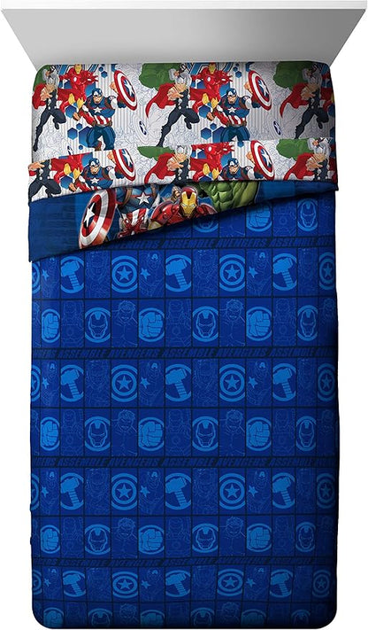 Marvel Avengers Blue Circle 4 Piece Twin Bed Set - Includes Reversible Comforter & Sheet Set - Super Soft Fade Resistant Polyester (Official Marvel Product)