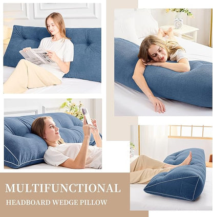 Sasttie Headboard Pillow King, Wedge Pillow Headboard for Sitting Up in Bed, Back-Rest Support Triangular Cushion for Reading - Features Removable Washable Cover, Blue