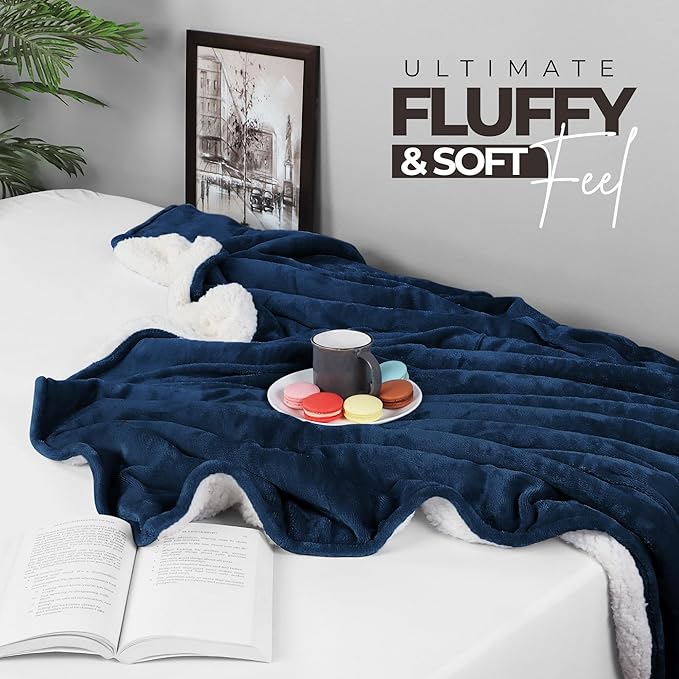 Utopia Bedding Sherpa Blanket Throw Size (Navy, 50x60 Inches) - Soft Lightweight Plush Fleece Reversible Blanket for Bed, Sofa, Couch, Camping and Travel