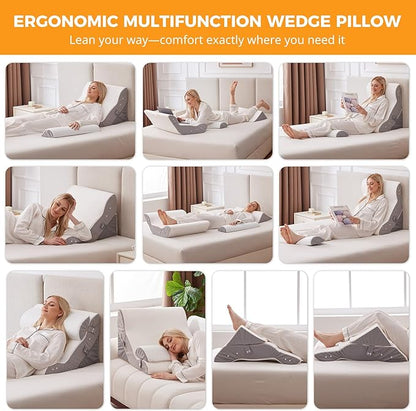 3PCS Wedge Pillow Set for After Surgery, 10-in-1 Adjustable Wedge Pillow for Acid Reflux Relief, Bed Wedge Pillows for Sleeping, Snoring & Back Pain Relief, Sit up Pillow for Bed, White