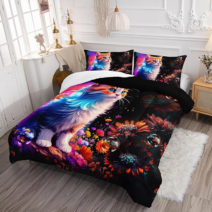 Cartoon Kawaii Cat Comforter Set Full Size 3D Animals Flower Toddler Bedding Set Cat Lovers Animal Bubble Design Quilt Bed Set for Girls Kids Teens