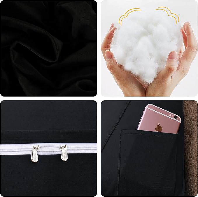 WOWMAX 100% Cotton Velvet Headboard Pillow – Queen Size Wedge Back Support Reading Bolster for Bed & Daybed, Handmade Firm Support Cushion with Removable Cover, Soft Luxury Bed Rest Pillow, Black