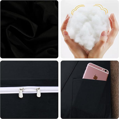 WOWMAX 100% Cotton Velvet Headboard Pillow – King Size Wedge Back Support Reading Bolster for Bed & Daybed, Handmade Firm Support Cushion with Removable Cover, Soft Luxury Bed Rest Pillow, Black
