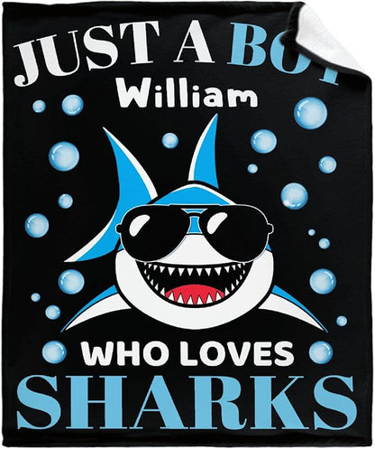 Custom Just A Boy Who Loves Sharks Blankets Gifts for Kids Adult On Bed Sofa,Personalized Premium Flannel Blankets for Birthday Christmas Thanksgiving All Season Use 30''x 40'' -XS