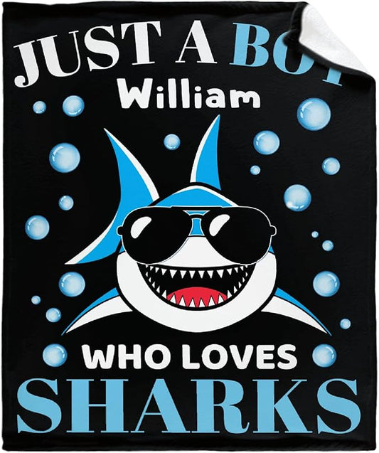 Custom Just A Boy Who Loves Sharks Blankets Gifts for Kids Adult On Bed Sofa,Personalized Premium Flannel Blankets for Birthday Christmas Thanksgiving All Season Use 30''x 40'' -XS