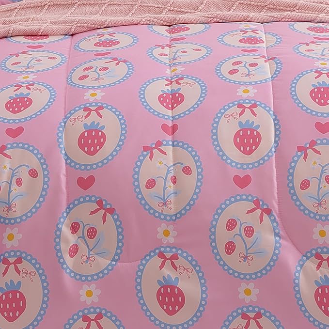 Twin Comforter Set for Girls-3 Pieces Pink Strawberry Twin Bedding Sets for Kids,1 Comforter,1 Sham and 1 Decor Pillow