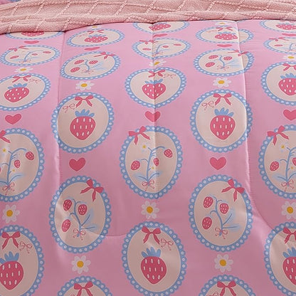 Twin Comforter Set for Girls-3 Pieces Pink Strawberry Twin Bedding Sets for Kids,1 Comforter,1 Sham and 1 Decor Pillow