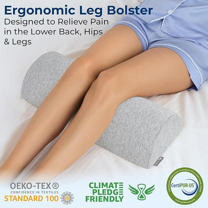 5 STARS UNITED Knee Pillow for Back Sleeping – Memory Foam Cushion for Sciatica Pain Relief – Under Leg Support for Sleeping on Back – Half Moon Bolster for Bed, Gray Cotton Cover