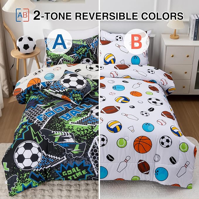 A Nice Night Boys Football Field Comforter Set 6-Piece Bed-in-a-Bag, Twin Size Football Entering The Door Printed Bedding Collections for Kids, Durable & Easy Care, Sports Theme Design for Boys