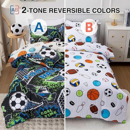 A Nice Night Boys Football Field Comforter Set 6-Piece Bed-in-a-Bag, Twin Size Football Entering The Door Printed Bedding Collections for Kids, Durable & Easy Care, Sports Theme Design for Boys