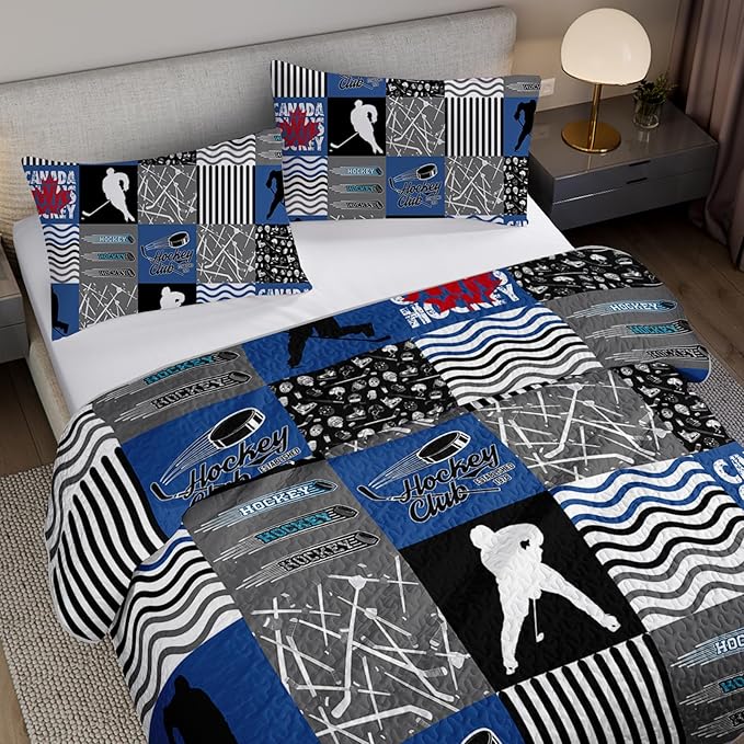 QOOMO Ice Hockey Quilt Set Twin Size,Sports Bedspread Coverlet Set,Ice Hockey Player 3Pcs Bedding Set Printed Quilt with 2 Pillowcases,Soft and Lightweight,for All Seasons