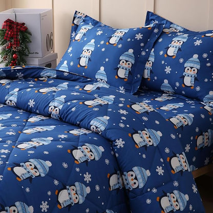 JSD Penguin Snowflakes Kids Christmas Comforter Set Twin Size, 2 Piece Xmas Printed Microfiber Bedding Set, Machine Washable