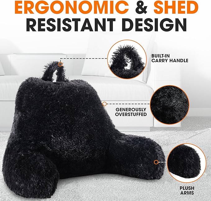 Cheer Collection Fluffy Reading Pillow Chair - Shaggy Hair Chair Pillow with Arms for Bed & Couch, Black