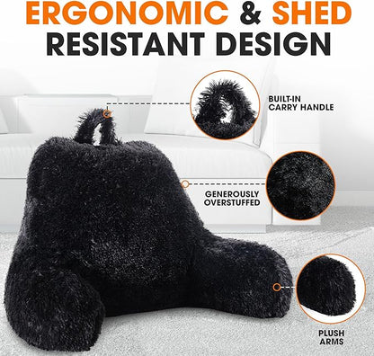 Cheer Collection Fluffy Reading Pillow Chair - Shaggy Hair Chair Pillow with Arms for Bed & Couch, Black