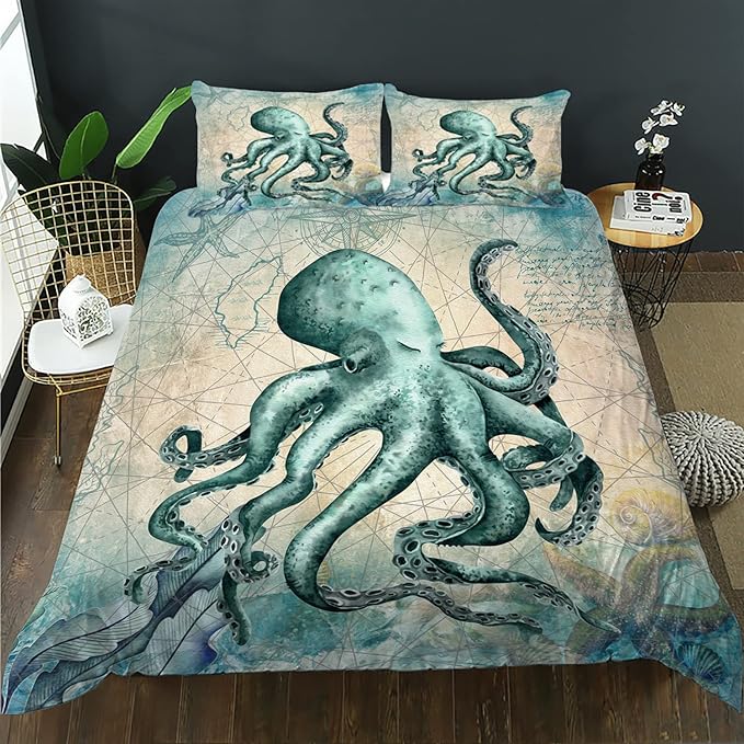 CVHOUSE Octopus Duvet Cover Twin Size,Sea Animal Mediterranean Style Design Bedding Set,Ocean Comforter for Kids Teens,1 2 Pillowcases 3 Piece Twin 71'x87'