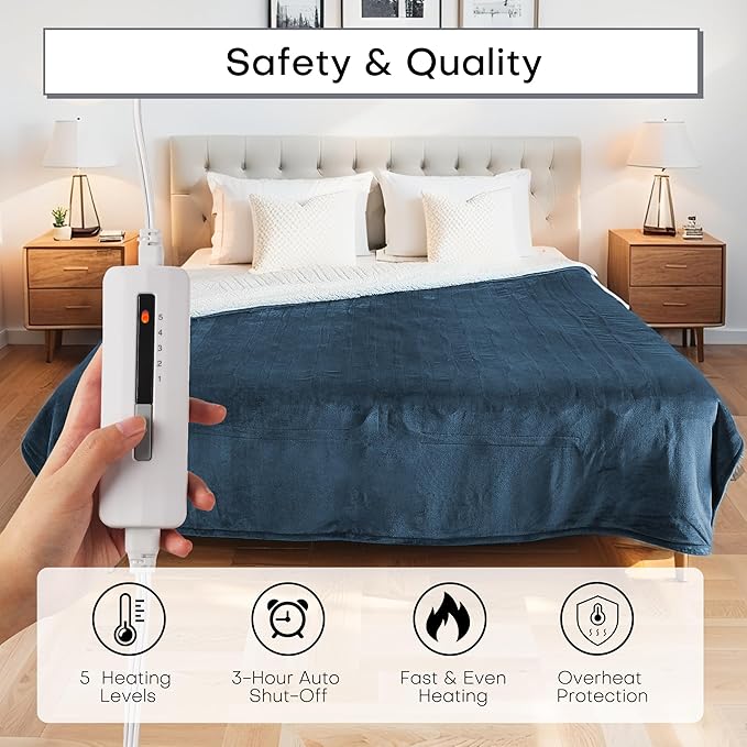 Electric Heated Blanket Throw Size 50"x60", 5 Heat Settings- 3H Auto Shut Off Flannel Material&Sheepskin Fabric, Machine Washable, Peacock Green&White
