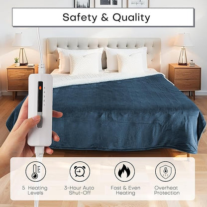 Electric Heated Blanket Throw Size 50"x60", 5 Heat Settings- 3H Auto Shut Off Flannel Material&Sheepskin Fabric, Machine Washable, Peacock Green&White