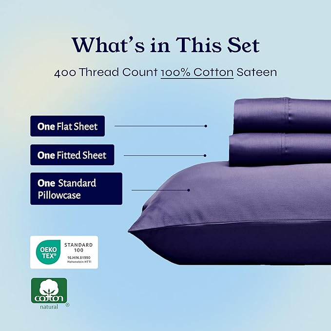 California Design Den Twin XL Sheet Sets - 400 Thread Count Sateen, 100% Cotton Sheets Set, Deep Pockets, and Durable Bedding for Dorm Rooms & Adults - Purple