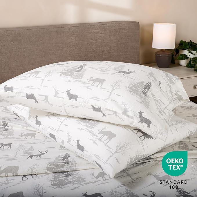Bare Home Flannel Sheet Set Prints, 100% Cotton, Velvety Soft Heavyweight - Double Brushed Flannel for Extra Softness & Comfort - Deep Pocket - Bed Sheets (Twin, Elk)
