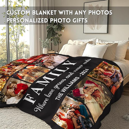Yoke Style Ships Next Day, Custom Photo Blanket on Christmas for Family, Printed in USA - Customizable Picture Blanket Personalized New Year Gifts for Women Men Couples Mom Dad Wife Friends
