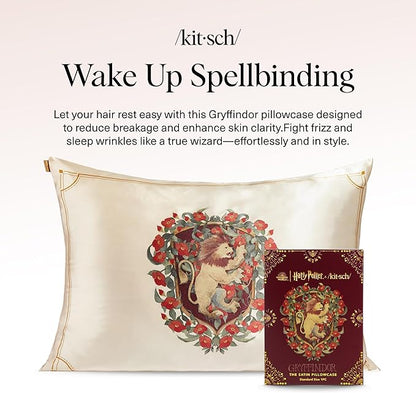 Kitsch x Harry Potter Gryffindor Satin Pillowcase with Zipper – Double-Sided Crest Design – Better Than Silk Pillowcase – Perfect for Kids Rooms & Toddler Bed Time Pillow Case –Queen/Standard 19x26