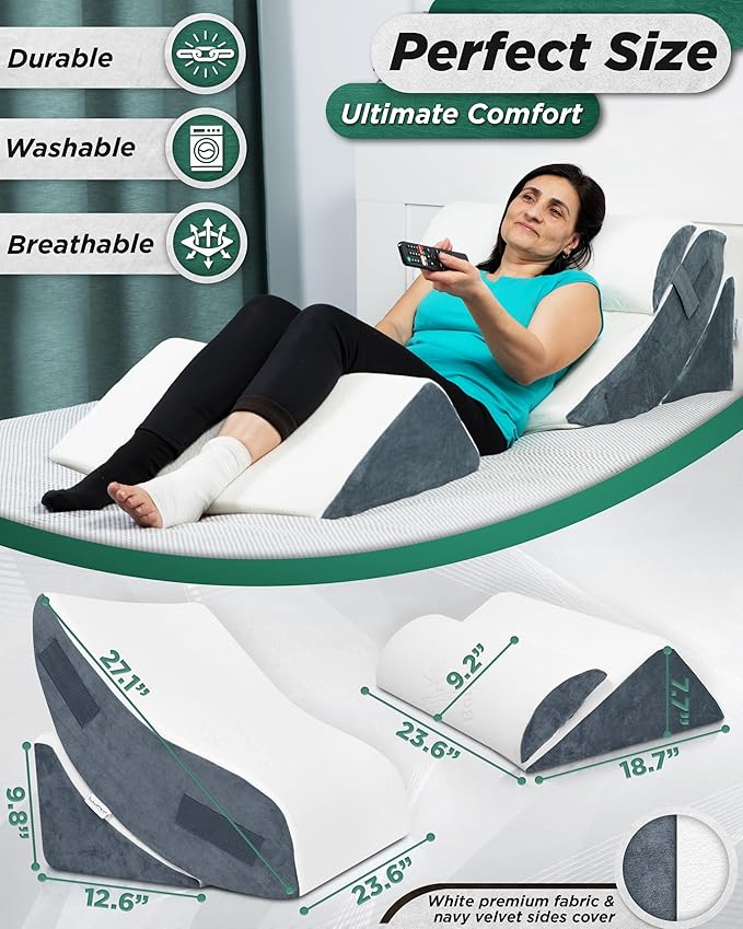 Lunix 4pcs Orthopedic Bed Wedge Pillow Set, Post Surgery Memory Foam for Back, Knee, Leg Pain Relief, Sitting Pillow for Sleeping, Acid Reflux, GERD, with Hot Cold Pack, Navy