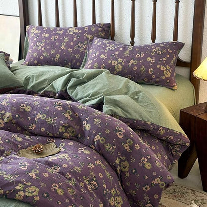 BuLuTu Muslin Cotton Duvet Cover Set Full Size Jacquard Textured Quilt Cover Linen Like Gauze Comforter Cover with 2 Pillowcases, 80"x90", Purple Floral Bedding Set with Zipper & Corner Ties