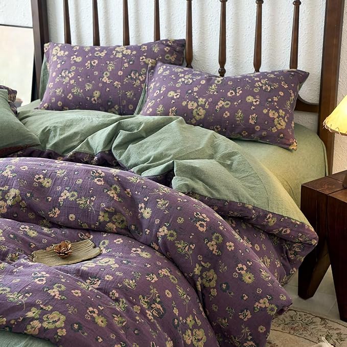 BuLuTu Jacquard Textured Muslin Duvet Cover Set King Size, Vintage Cottage Comforter Cover Purple Floral, Double-Layer Gauze Cotton Quilt Cover with 2 Pillow Cases for All Seasons