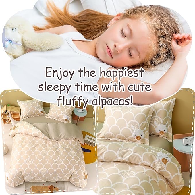 Simple&Opulence 100% Organic Cotton Duvet Cover for Kids Teens, 4 Pieces Soft Comforter Cover with Zipper Closure Boy Girl Warm Adorable Bedding Set - Alpaca, Full/Queen