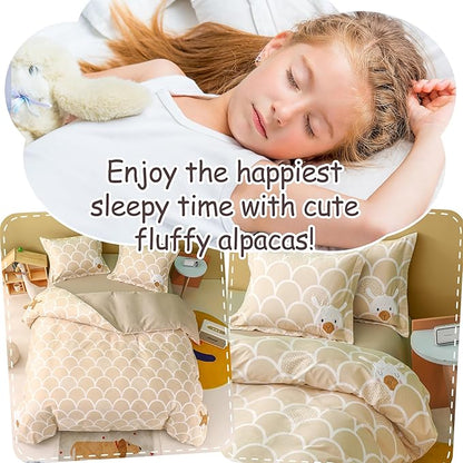 Simple&Opulence 100% Organic Cotton Duvet Cover for Kids Teens, 4 Pieces Soft Comforter Cover with Zipper Closure Boy Girl Warm Adorable Bedding Set - Alpaca, Full/Queen