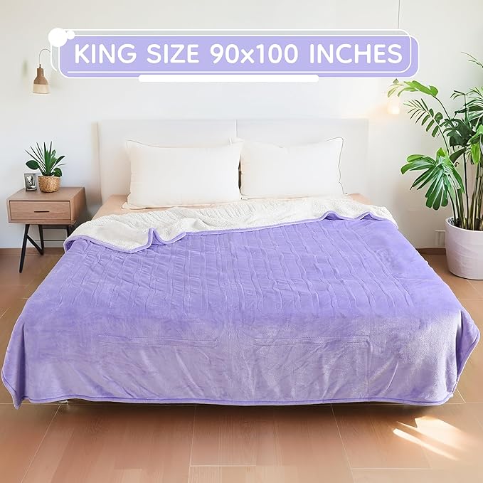 Electric Heated Blanket King Size - 90"x100", Soft Flannel Heating Blanket, 10 Heating Levels, 1-12 H Auto Shut Off, Breathable Warm and Washable for Bed, Light Purple