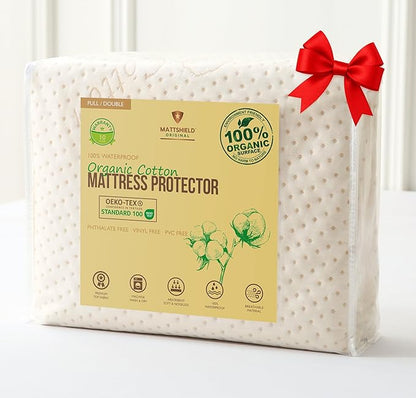 Luxury Waterproof Organic Mattress Protector Full - Organic Cotton Breathable Mattress Pad Cover - Premium 380 GSM Comfort - Deep Pocket - Jersey Cotton Skirt - Fitted Design