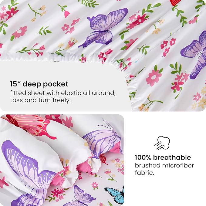 Mooreeke Twin Size Comforter Sets for Girls Kids, 6 Pieces Bed in a Bag Flower Butterfly Bedding Comforter Sheet Set with Shams and Decorative Toy Pillow, Ultral Soft Microfiber Kids Bed Set