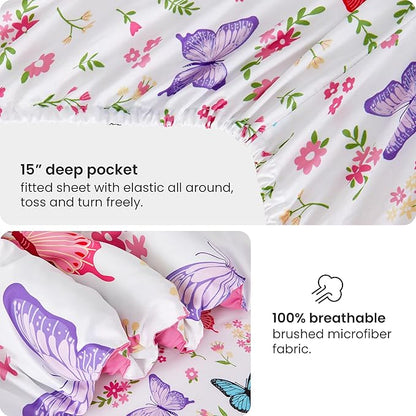 Mooreeke Twin Size Comforter Sets for Girls Kids, 6 Pieces Bed in a Bag Flower Butterfly Bedding Comforter Sheet Set with Shams and Decorative Toy Pillow, Ultral Soft Microfiber Kids Bed Set