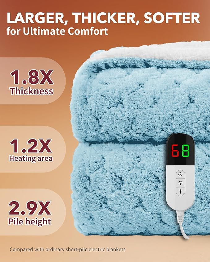 Homemate Heated Blanket Electric Throw - 50"x60" Heating Blanket Throw 1/2/4/6/8 Hours Auto-Off 10 Heat Levels Over-Heat Protection Luxury 800 GSM Faux Fur 200 GSM Sherpa ETL Certification