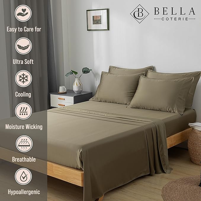 Bella Coterie 6 Piece Luxury Bamboo Viscose Queen Size Sheet Set | 100% Organically Grown | Cooling for Hot Sleepers | 18" Deep Pocket | Soft & Hypoallergenic | 4 Pillowcases [Olive]