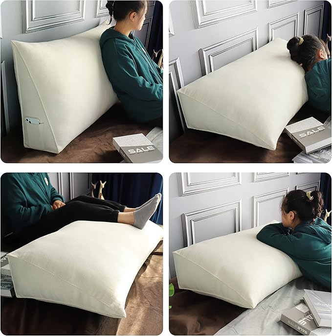 Johnear Triangular Headboard Pillow Daybed Wedge Pillow Cotton Linen Large Bolster Reading Back Rest Pillow for Sofa Bed Support Bolster Upholstered Backrest Positioning Lumbar Cushion （Ivory, Full）